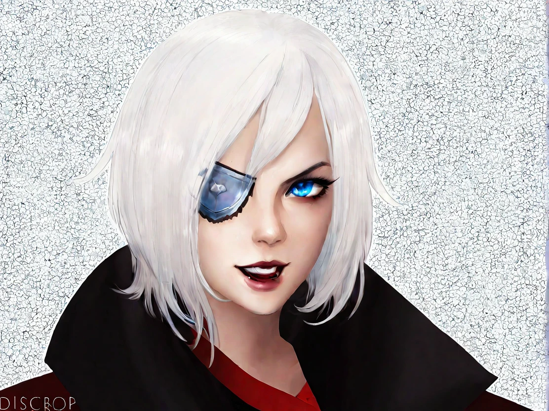 A young woman with white hair and red tips, a vampire, vampire canines, blue eyes, eye patch, short hair, female physique, Discord PfP, fantasy, vampire,long canines, rice teeth