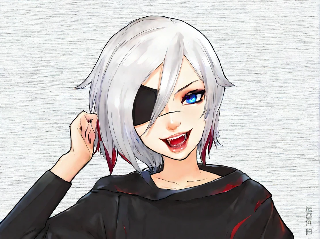 A young woman with white hair and red tips, a vampire, vampire canines, blue eyes, eye patch, short hair, female physique, Discord PfP, fantasy, vampire,long canines, rice teeth