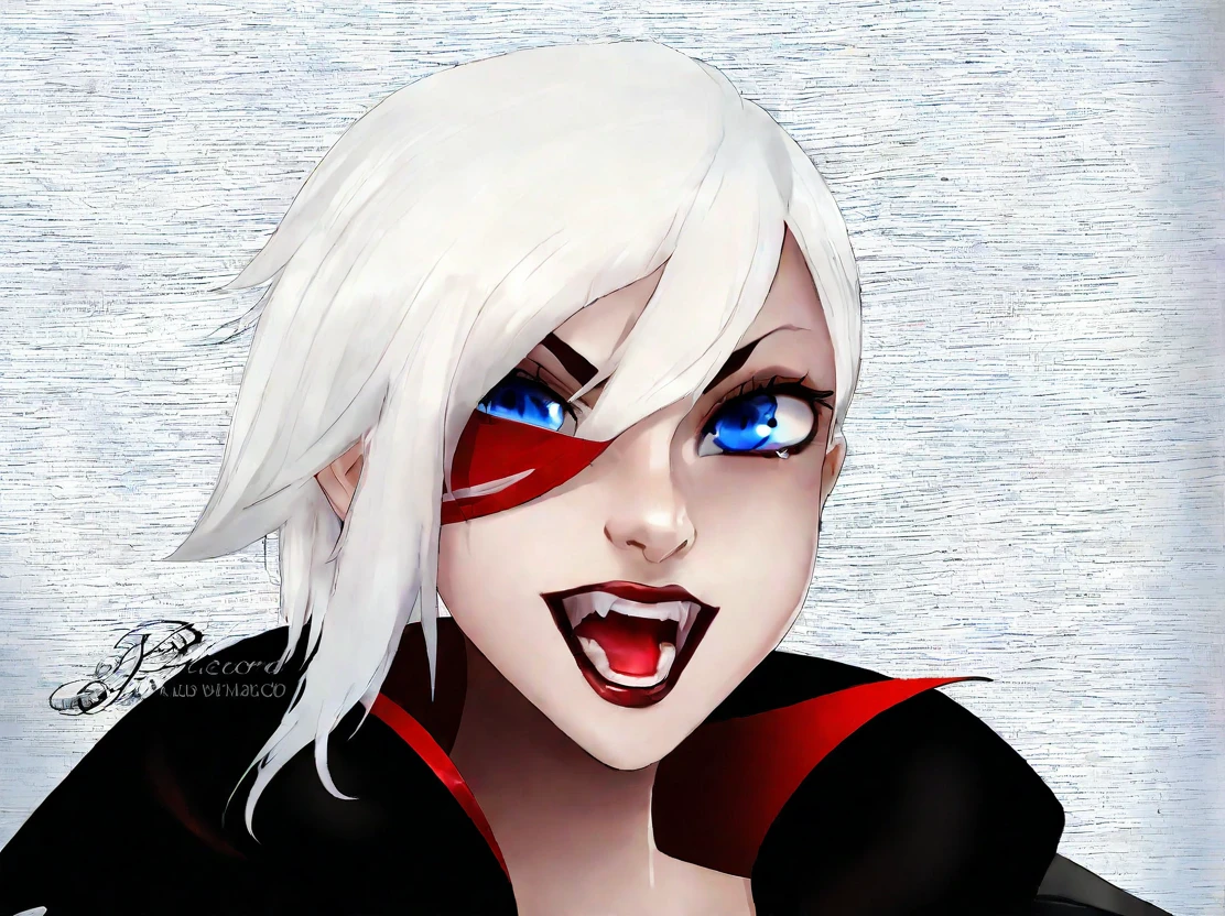 araffe woman with white hair and black jacket and red lipstick, a tattoo by Steve Argyle, tumblr, pop art, cruella devil, taken in the late 2010s, evil smirk, mean smirk, proud smirk, crazy white hair, demi moore, dark gray hair, smug smirk, grim expression, megan fox witch queen