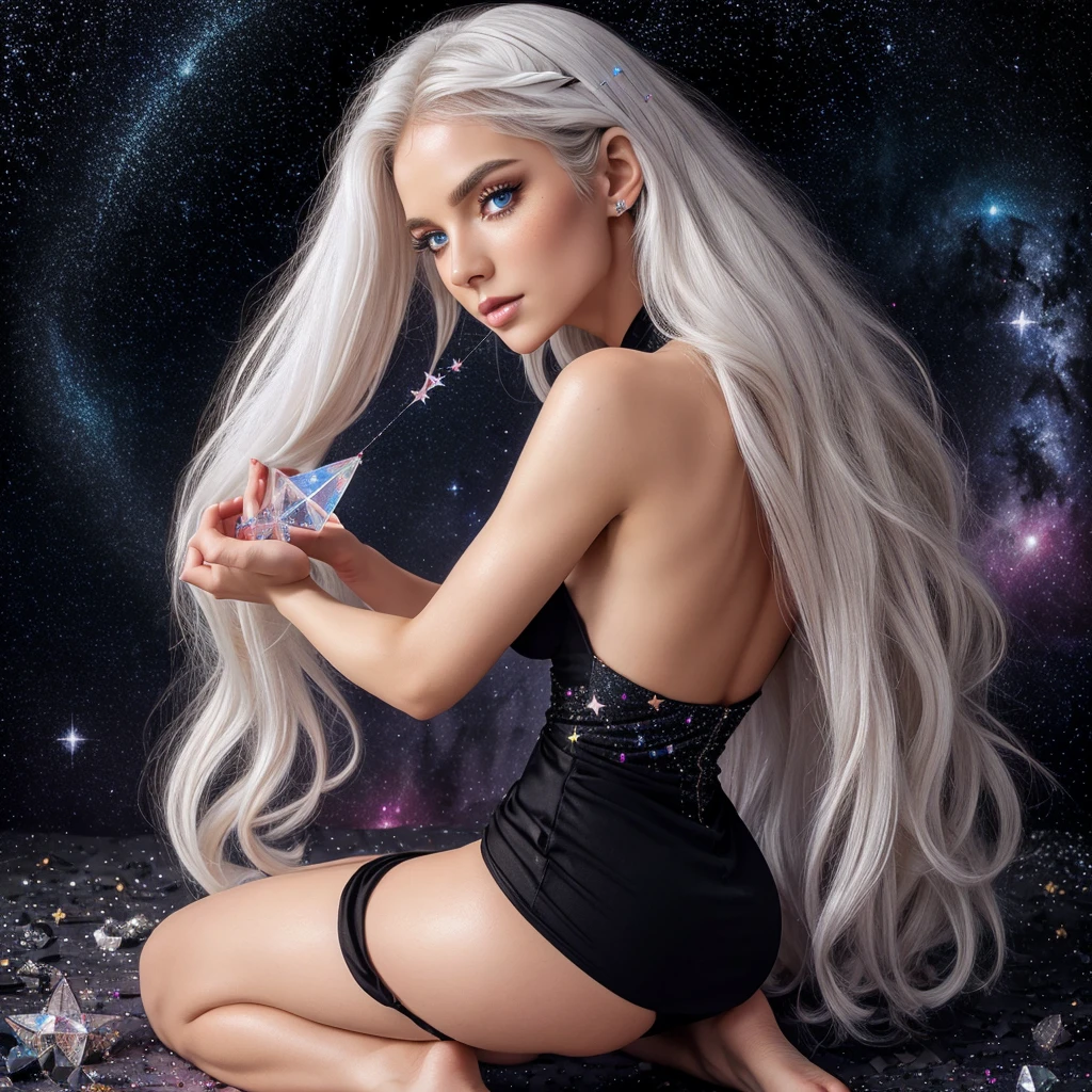 {-erro_de_anatomia:1.0} masterpiece, highest quality, (perfect face:1.1, (high detail)1.1, sweet stardust vampire , long soft white hair, opal eyes, perfectly drawn face, black dress, stars detailed background, prismatic lighting, glitter, whole bod., Very sexy, kneeling holding a crystal star in her hands, backwards, looking back roshne