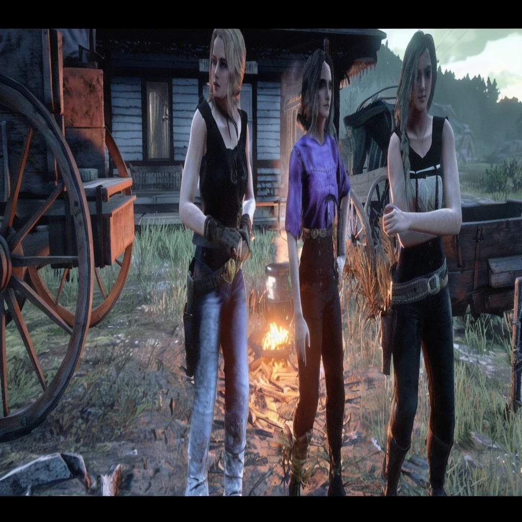 three beautiful young cowgirls standing next to a wagon, beautiful young cowgirls posing around a campfire, cinematic masterpiece, highly detailed masterpiece, red dead redemption 2