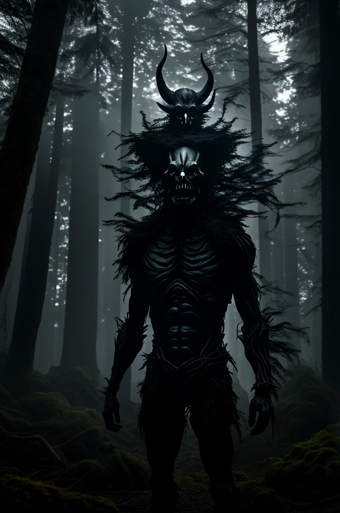 hyperrealistic. Faceless humanoid demon, standing in the dark forest