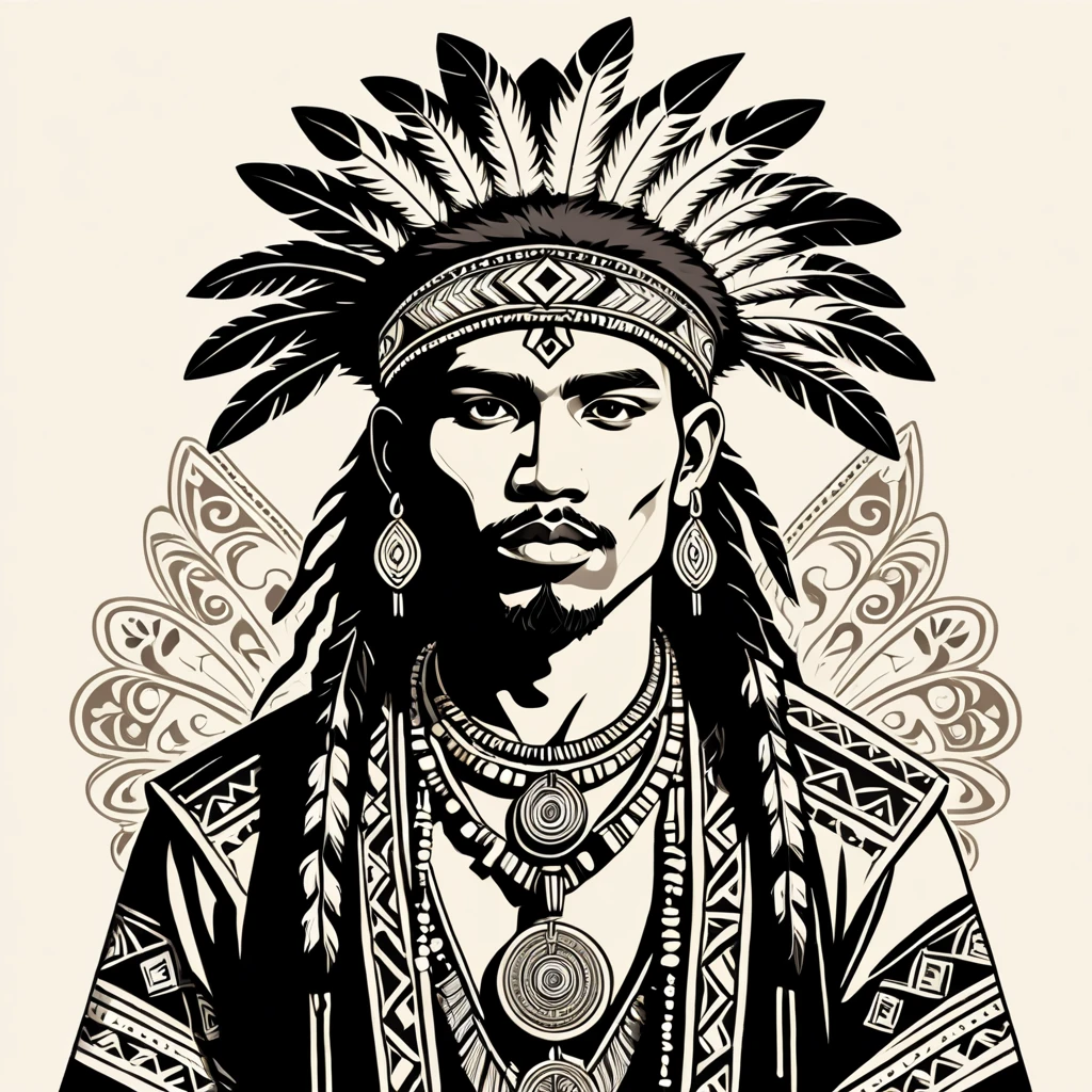 man in folk outfit from an unknown tribe, vector graphics, strong contours