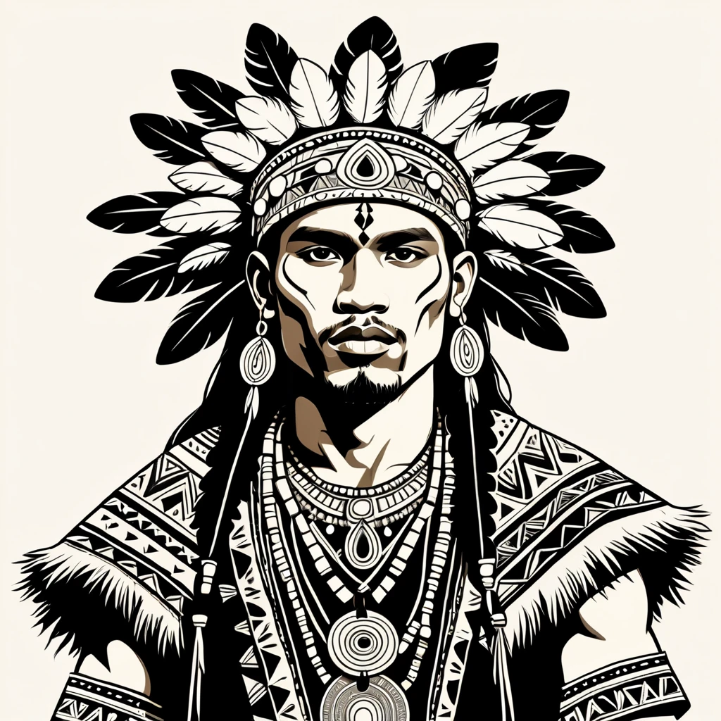 man in folk outfit from an unknown tribe, vector graphics, strong contours
