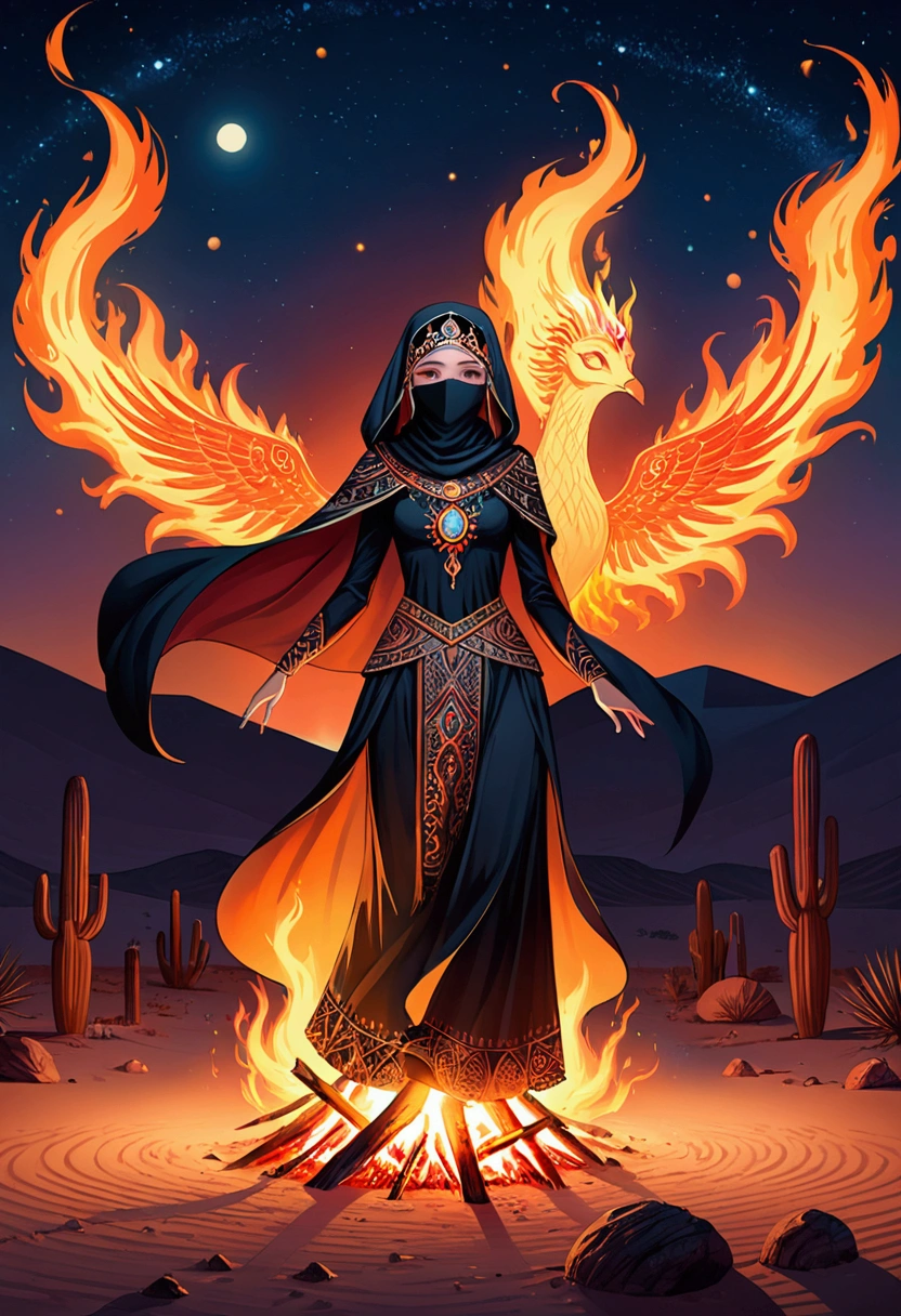 (a Desert Princess), In the moonlit desert, a desert princess dressed in a veil dances around a burning bonfire, the flames reflecting her face, with various mysterious totems and symbols in the background, full body, (Photography), panoramic view, award-winning, cinematic still, emotional, vignette, dynamic, vivid, (masterpiece, best quality, Professional, perfect composition, very aesthetic, absurdres, ultra-detailed, intricate details:1.3)