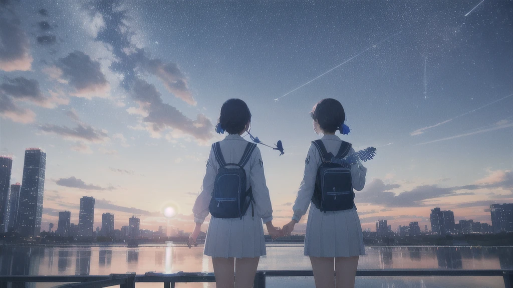 Acoustic guitar,真っ暗なnight空,Octane, star (null), scenery, Blue parakeet,Acoustic guitarは身体の前,star, night, Sailor suit, Back view, Outdoor, city,Blue parakeet,building, cloud, milky way,silhouette