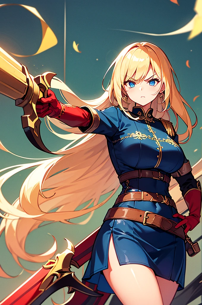 20-year-old girl, long blonde hair, blue eyes, angry expression, long dark blue skirt with gold embroidery at the hem, old-fashioned blue blouse with long fitted sleeves, adorned with red details, red leather gloves that reach her elbows, dark brown leather boots that reach mid-calf, leather belt adorned with a golden buckle and red details, her weapon is a huge greatsword with a gold and red decorated handle, hanging on her back in an ornate sheath.