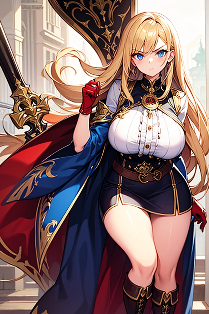 20-year-old girl, long blonde hair, blue eyes, angry expression, long dark blue skirt with gold embroidery at the hem, old-fashioned blue blouse with long fitted sleeves, adorned with red details, red leather gloves that reach her elbows, dark brown leather boots that reach mid-calf, leather belt adorned with a golden buckle and red details, her weapon is a huge greatsword with a gold and red decorated handle, hanging on her back in an ornate sheath.