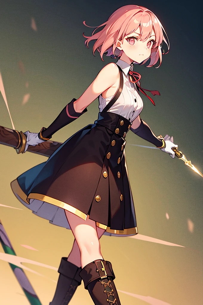 20 years old, with short pink hair just below the shoulders, pale pink eyes, and an expression that is serious yet happy. She dresses in an antique style, wearing a long light brown skirt, a sleeveless white blouse with a vertical red line down the center on the buttons, brown gloves, and high boots with many straps. Her weapons are hundreds of needles connected by thread.