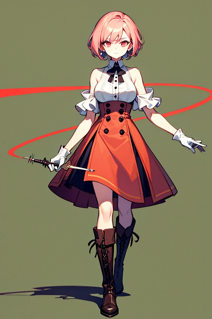 20 years old, with short pink hair just below the shoulders, pale pink eyes, and an expression that is serious yet happy. She dresses in an antique style, wearing a long light brown skirt, a sleeveless white blouse with a vertical red line down the center on the buttons, brown gloves, and high boots with many straps. Her weapons are hundreds of needles connected by thread.