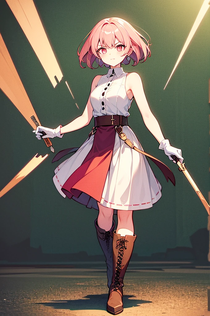 20 years old, with short pink hair just below the shoulders, pale pink eyes, and an expression that is serious yet happy. She dresses in an antique style, wearing a long light brown skirt, a sleeveless white blouse with a vertical red line down the center on the buttons, brown gloves, and high boots with many straps. Her weapons are hundreds of needles connected by thread.