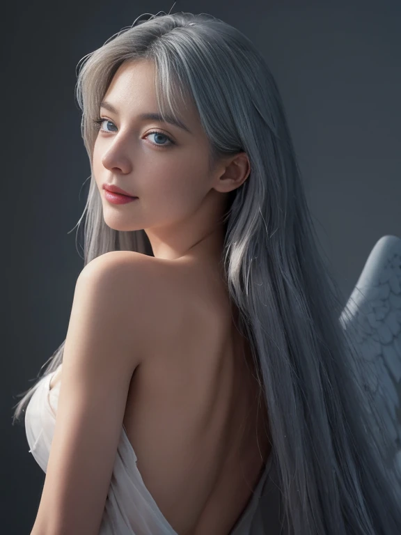 8K, Highest quality, Intricate details, Super Detail, super expensive resolution, masterpiece, Random Angle, slim, smile, (Finish up: 0.4), (Fluffy blue eyes: 1.21), Big Blue Eyes, View your viewers, ((whole body)), 1 Girl, alone, 1 Girl, (( whole body)), Close-up shot, , (((expensive ))), (((slim face))), Sharp Face, Sharp eyes, (((Gray Hair, Very long hair, ))), (Detailed face), Sharp Face, Small lips, ((Angel wings)), ((See-through dress, Nude)), Detailed face, Detailed chest, , big breasts, Butt details, , Beautiful girl with slim abs 1.4, Six Pack Abs: 1.4, Breast Botox, big, Perfect body, leg details, (( In heaven)), 18-year-old, look much younger than his age
