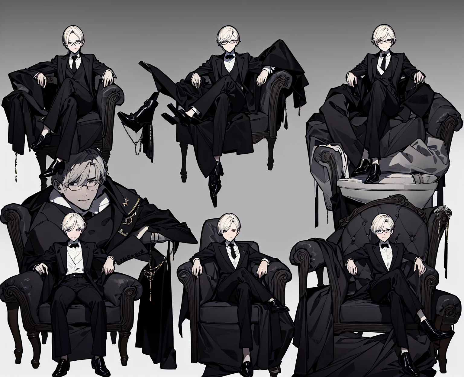 (top-quality、​masterpiece:1.2) 1womanl、Adults、((dark skinned female、long white short hair、Hair hanging over the ears)) ((White office background)) eye glasses、((Black business suit、Black tailored jacket、white shirt、Black pantsuit、Black leather gloves)) (One hand is on his hip) (Vicious look、Vulgar smile), full body, ((Leg Crossing ))