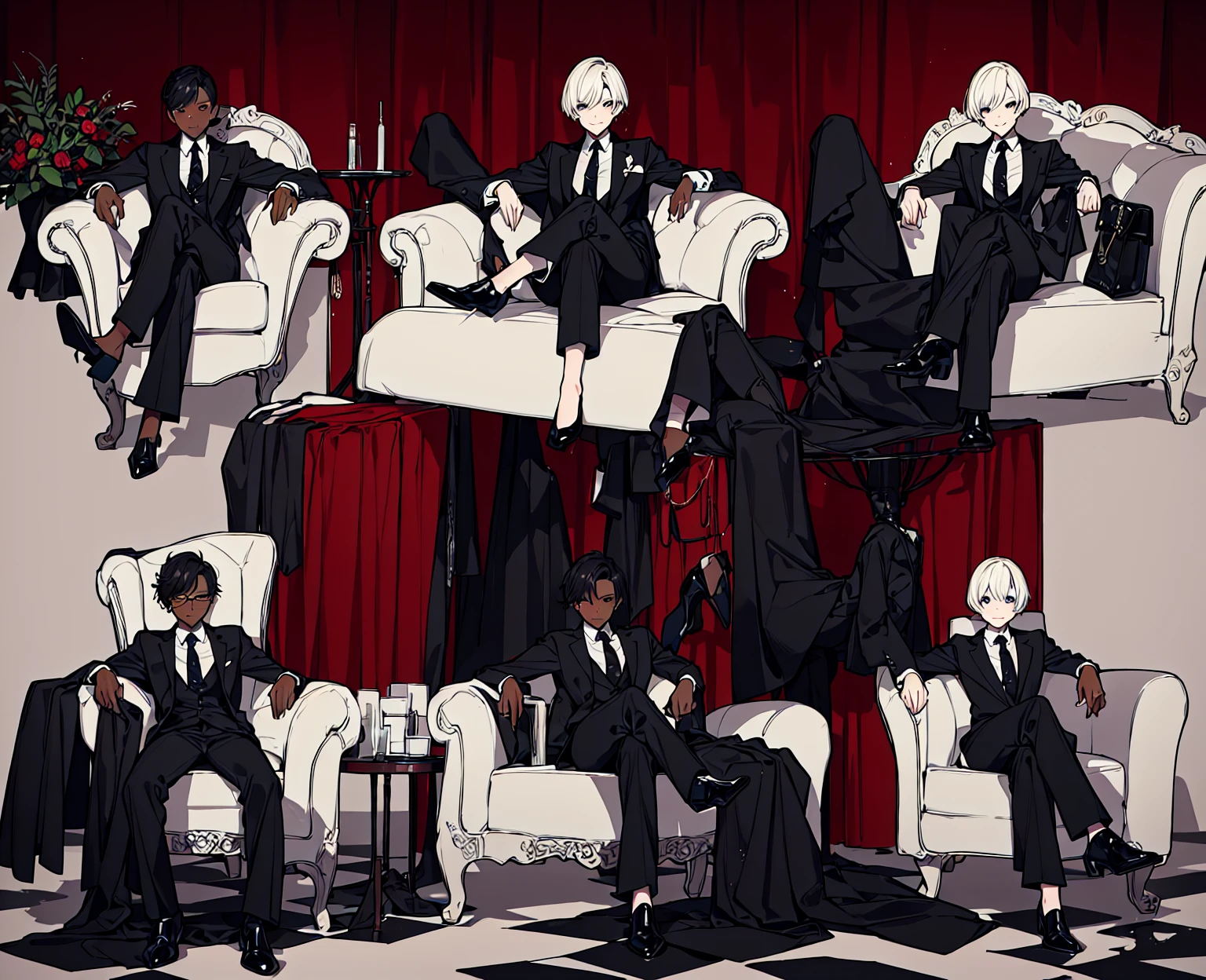 (top-quality、​masterpiece:1.2) 1womanl、Adults、((dark skinned female、long white short hair、Hair hanging over the ears)) ((White office background)) eye glasses、((Black business suit、Black tailored jacket、white shirt、Black pantsuit、Black leather gloves)) (One hand is on his hip) (Vicious look、Vulgar smile), full body, ((Leg Crossing ))