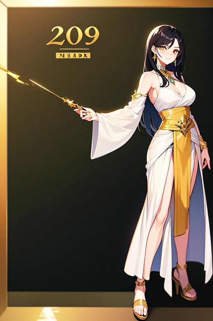 20 years old, with long black hair down to her waist, golden eyes. She wears jewelry and dresses in an antique style, donning a long white dress with golden details. She wears elegant gladiator sandals. She possesses golden powers and has a golden-themed background.
