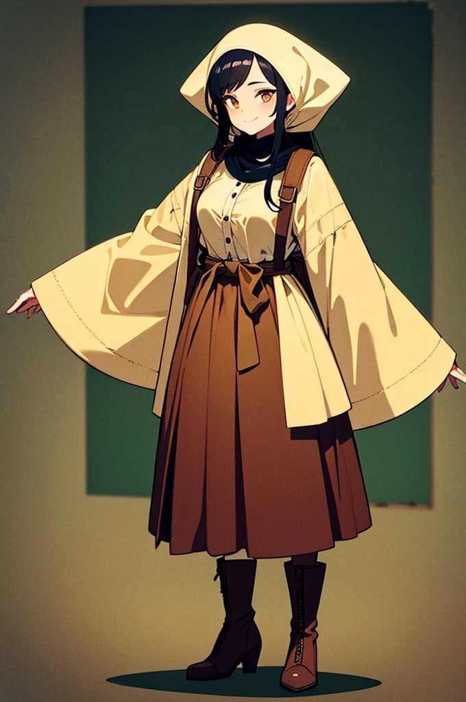 "Tall Girl, 20 years old, with long black hair down to her waist, golden eyes, and smile. She dresses in an antique style, She wears a brown skirt longer on one side than the other, large brown boots up to the knees with lots of ribbons, a backpack, a white blouse, and a hijab on her head. , She possesses golden powers and has a golden-themed background."