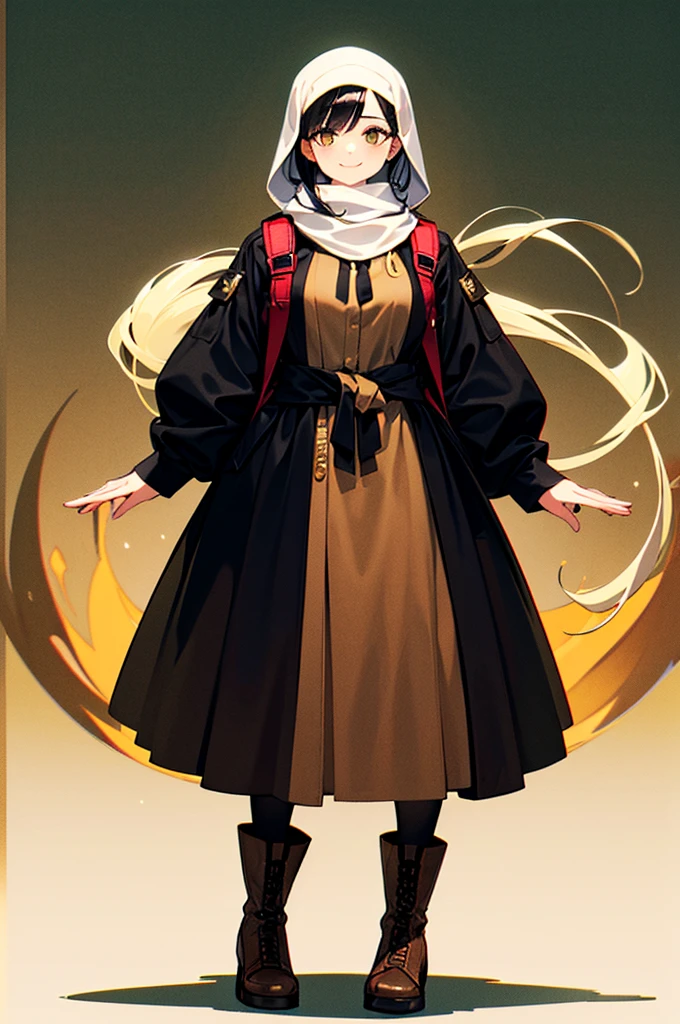 "Tall Girl, 20 years old, with long black hair down to her waist, golden eyes, and smile. She dresses in an antique style, She wears a brown skirt longer on one side than the other, large brown boots up to the knees with lots of ribbons, a backpack, a white blouse, and a hijab on her head. , She possesses golden powers and has a golden-themed background."