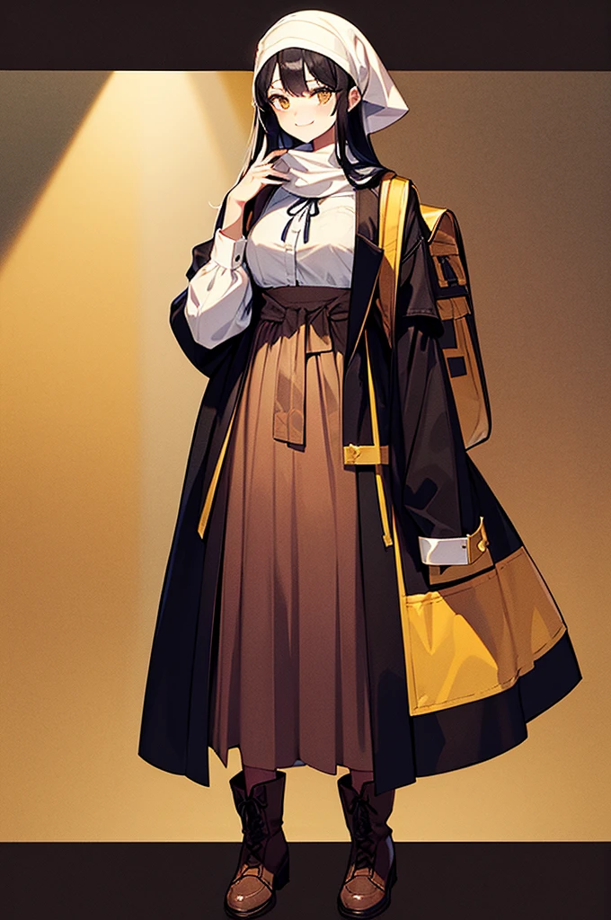 "Tall Girl, 20 years old, with long black hair down to her waist, golden eyes, and smile. She dresses in an antique style, She wears a brown skirt longer on one side than the other, large brown boots up to the knees with lots of ribbons, a backpack, a white blouse, and a hijab on her head. , She possesses golden powers and has a golden-themed background." 