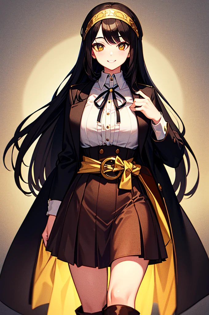 "Tall Girl, 20 years old, with long black hair down to her waist, golden eyes, and smile. She dresses in an antique style, She wears a brown skirt longer on one side than the other, large brown boots up to the knees with lots of ribbons, a backpack, a white blouse, and a hijab on her head. , She possesses golden powers and has a golden-themed background." 