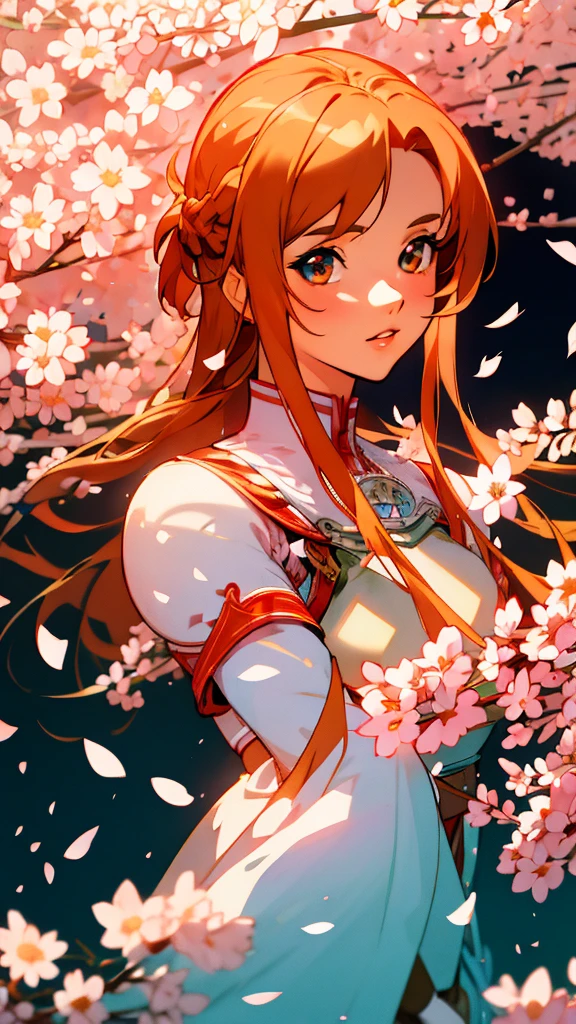 asuna, ((masterpiece)), highres, asuna (sao), crown braid, light orange hair, armor, cherry blossoms, dutch angle, detailed face, beautiful eyes, detailed lips, intricate details, cinematic lighting, vibrant colors, fantasy scene