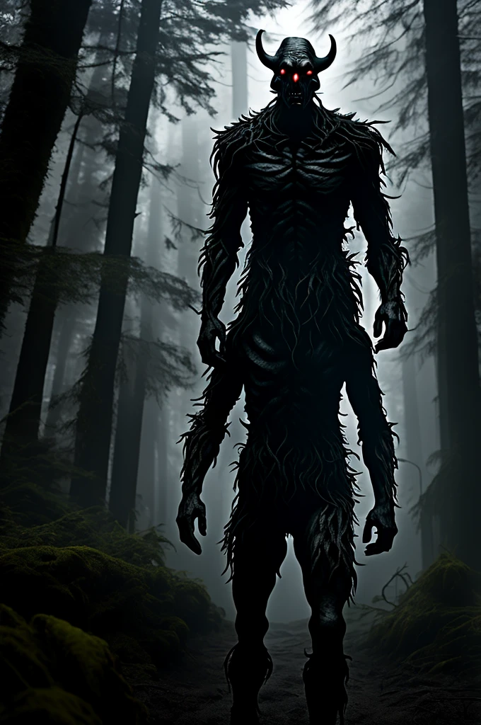 hyperrealistic. Faceless humanoid demon, standing in the dark forest