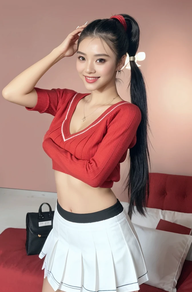DV_s2_Libby_Vicious (Ponytail:1.4) ((red theme, red backdrop:1.4)) (remote image, Whole body image:1.4) wears a, ;wears a (black sweater:1.4) 35 mm., F/2.8 ((focus photo, DOF, Aperture)), detailsอย่างบ้าคลั่งและซับซ้อน, beautiful superstar girl character, elegant, There is a solemn, quiet look., adorn, beautiful, Exotic, reveal, Attractive, charming, voluptuous, lust, passion, problems, enthusiastic, big breasts, Very realistic, มีdetailsมาก, (charming girl with problems) (smile:1.4)(Big breasts, pretty enough, pretty enough. Pretty enough. Pretty enough. 1.3), (sharpness:1.3)(details:1.3) (remote imageทั้งตัว:1.4)