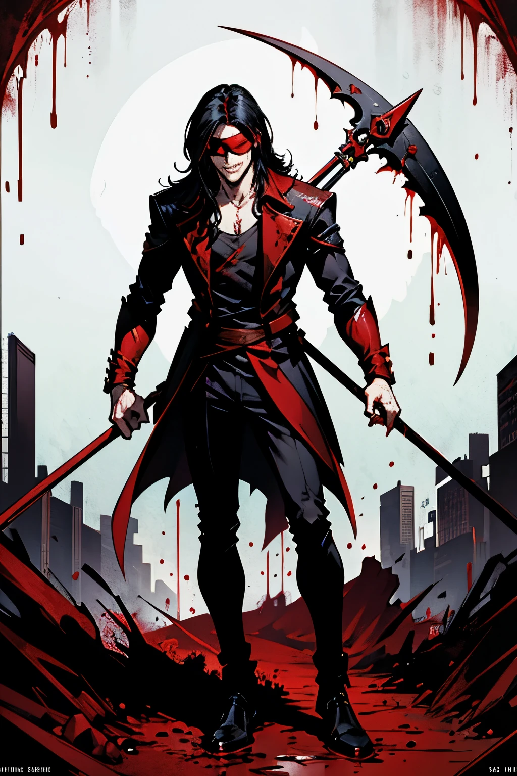 male long black hair, skinny, blood with a scythe, smiling, full body. blood everywhere. magazine cover like photo. NO WRITING, blindfolded. make the image sneseable do not make it illogical.