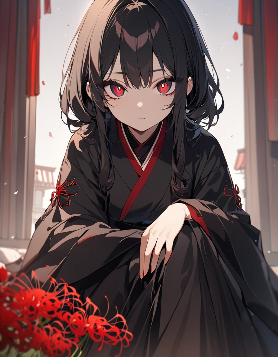 One girl, masterpiece, top quality, beautiful, expressionless, jet black hair, red pupils, big eyes, hakama skirt, cute sleeves, red spider lily, sitting, anime