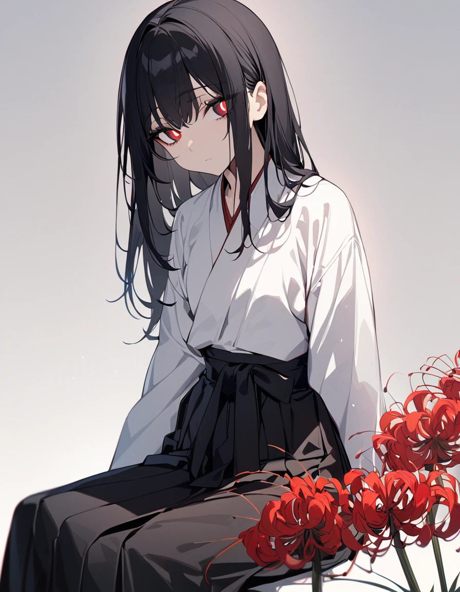 One girl, masterpiece, top quality, beautiful, expressionless, jet black hair, red pupils, big eyes, hakama skirt, cute sleeves, red spider lily, sitting, anime