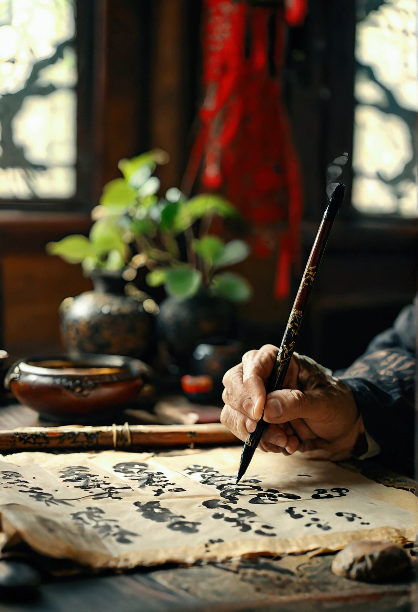 An old calligrapher sitting in his study, Focus, Holding a brush in right hand, There is a simple pen on the table, ink, Paper, ink, ink, Chinese