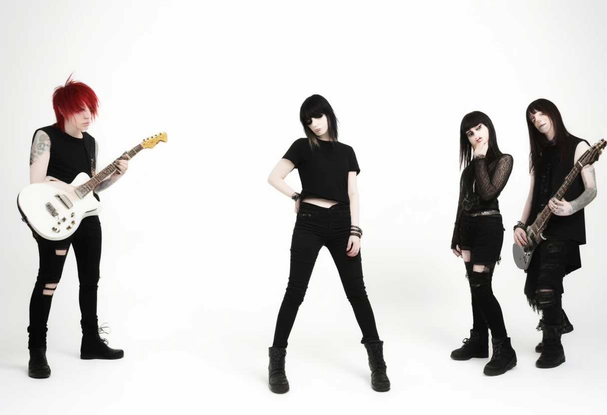 photo of a emo band in black clothing, female lead, performing, music video shooting, with a white background