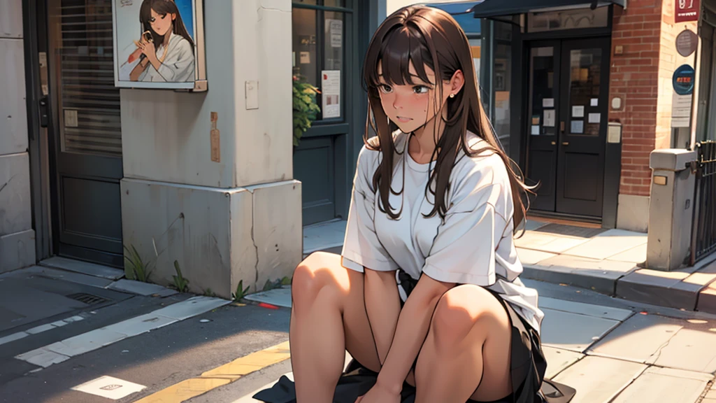 ((best quality)), ((work of art)), ((detailed)), woman, long brown hair with bangs, crying, sitting on the sidewalk