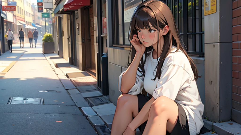 Hi-Res、​masterpiece、Chizuru Ichinose、Brown hair、Soio、Female one、Street、细致背景、A detailed eye、（（Brown-eyed））,Beautiful and perfect legs, Clean and perfect hands