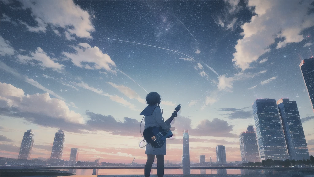 Acoustic guitar,真っ暗なnight空,Octane, star (null), scenery, Blue parakeet,Acoustic guitarは身体の前,star, night, Sailor suit, Back view, Outdoor, city,Blue parakeet,building, cloud, milky way,silhouette