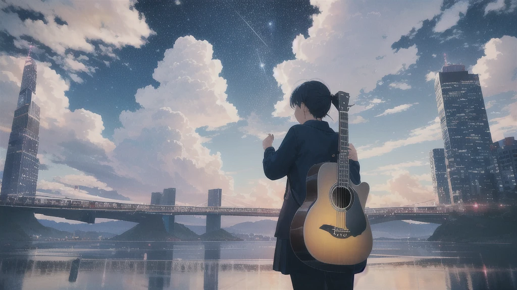 Acoustic guitar,真っ暗なnight空,Octane, star (null), scenery, Blue parakeet,Acoustic guitarは身体の前,star, night, Sailor suit, Back view, Outdoor, city,Blue parakeet,building, cloud, milky way,silhouette