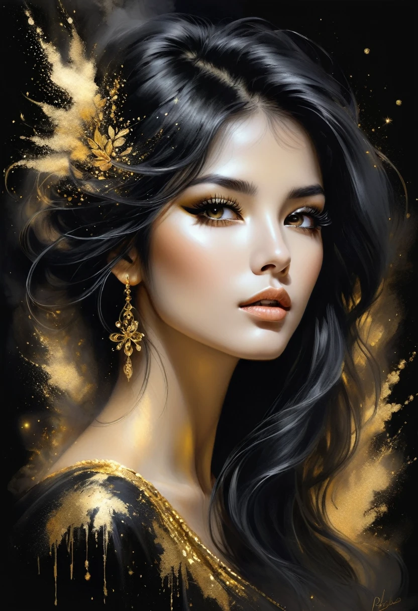 Gorgeous and hot female charcoal face drawing, A fascinating sight.long black hair,Long eyelashes. Pino Daeni style.
Gold patterns, gold and black spirit, liquid gold explosion, magic of golden smoke, golden dust, Golden Milky Way, Black background, Magic Mist,small golden moths. alcohol ink,mystical image