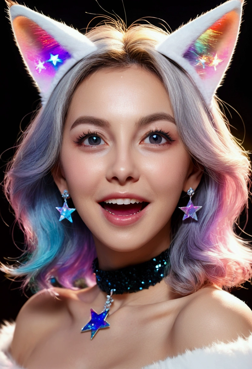 (Masterpiece, Best Quality), ((1 girl, (mature woman) wide), (star-shaped pupils,  +_+, symbol-shaped pupils, sparkling eyes), (cat ears, open your mouth open)), (looking at the viewer, light smile, off the shoulder), (abstract, multicolor background, abstract background, chromatic aberration),