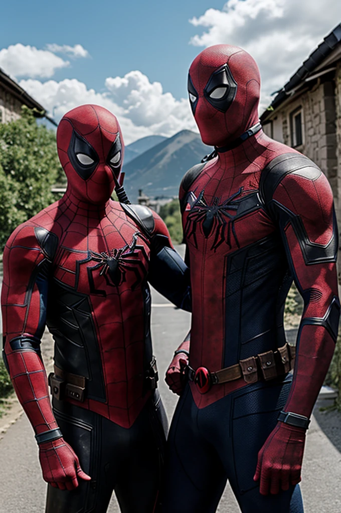 Spiderman with deadpool in a village 