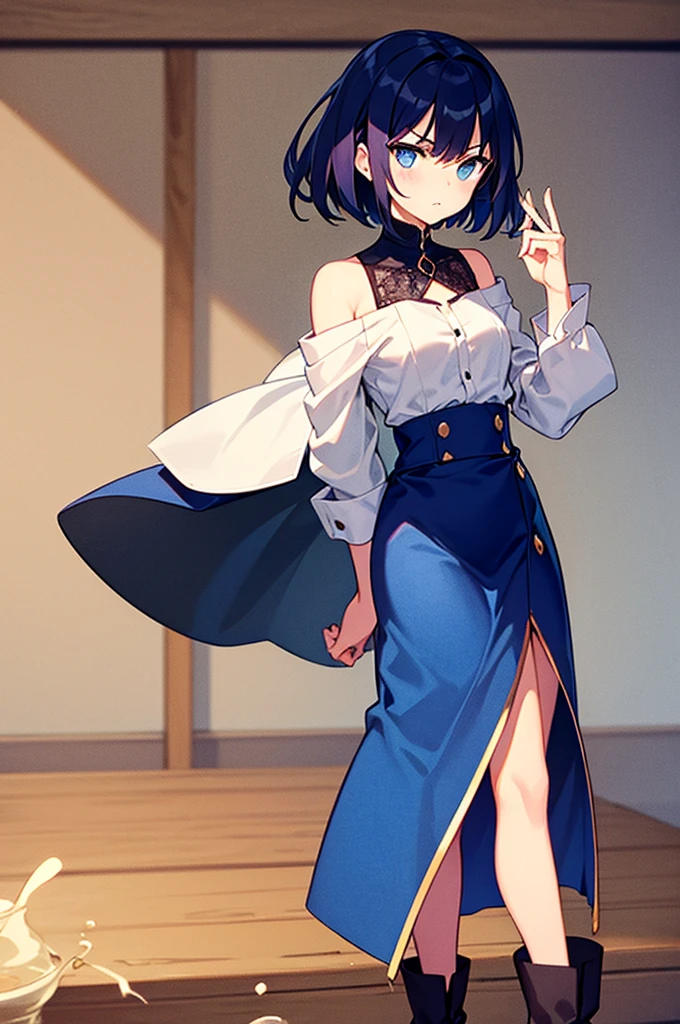 20 years old, with short dark blue hair to the shoulders, a serious yet tender expression, and bright light blue eyes. She dresses in an antique style, wearing a long dark blue skirt that reaches her knees, and small dark brown boots up to her ankles. Her white blouse is long-sleeved, covering her fingers slightly, and falls off one shoulder, leaving it exposed. She possesses water powers and has a water-themed background.