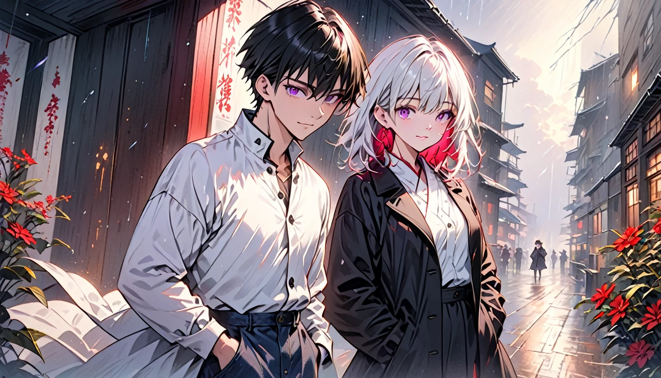 A mysterious and alluring anime-style scene featuring two striking characters: a boy with short white hair with red inner highlights, piercing purple eyes, and a chiseled physique, wearing a sleek black trenchcoat, crisp white shirt, and dark jeans, his expression sharp and cold. Beside him stands an anime girl with short black hair accented by purple highlights, heterochromatic eyes, and an enticing C-cup figure, donning a matching black trenchcoat, white blouse, and black skirt. She wears a subtly sinister smile, hand casually in her pocket, her face bearing a hint of blood, her features meticulously detailed. The pair stand in a dramatically lit, cinematic setting, vibrant colors and an intricate background enveloping them as rain falls all around, creating a moody, dark atmosphere. The image is masterfully rendered, photorealistic in quality, a true work of art.