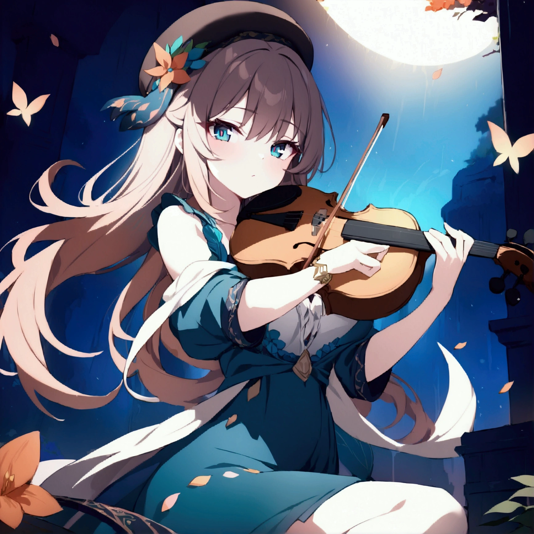 (1girl, Masterpiece, best quality) (detailed and beautiful eyes:1.6) (perfect hands, perfect anatomy) (full body) holding a violin, wearing a hat