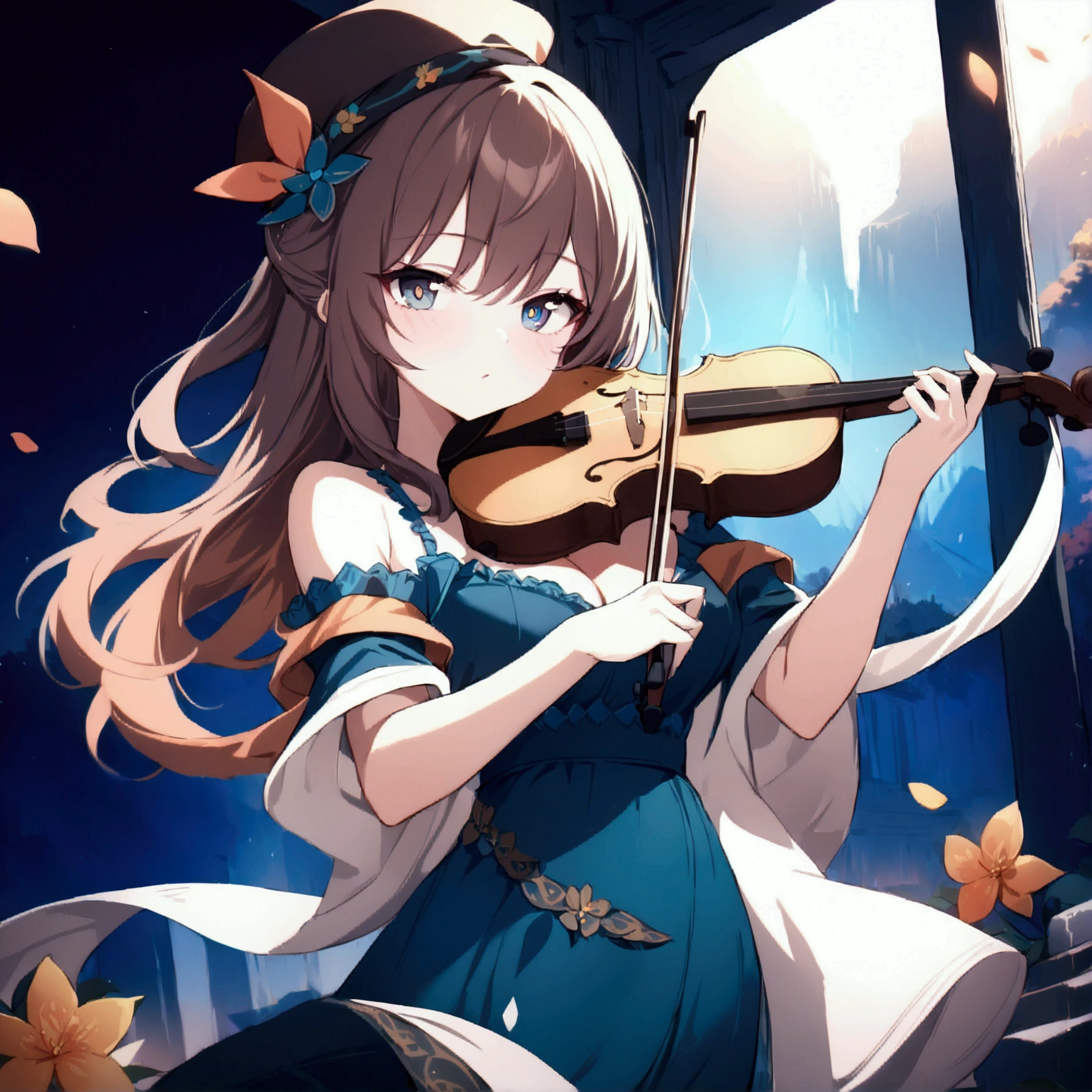 (1girl, Masterpiece, best quality) (detailed and beautiful eyes:1.6) (perfect hands, perfect anatomy) (full body) holding a violin, wearing a hat
