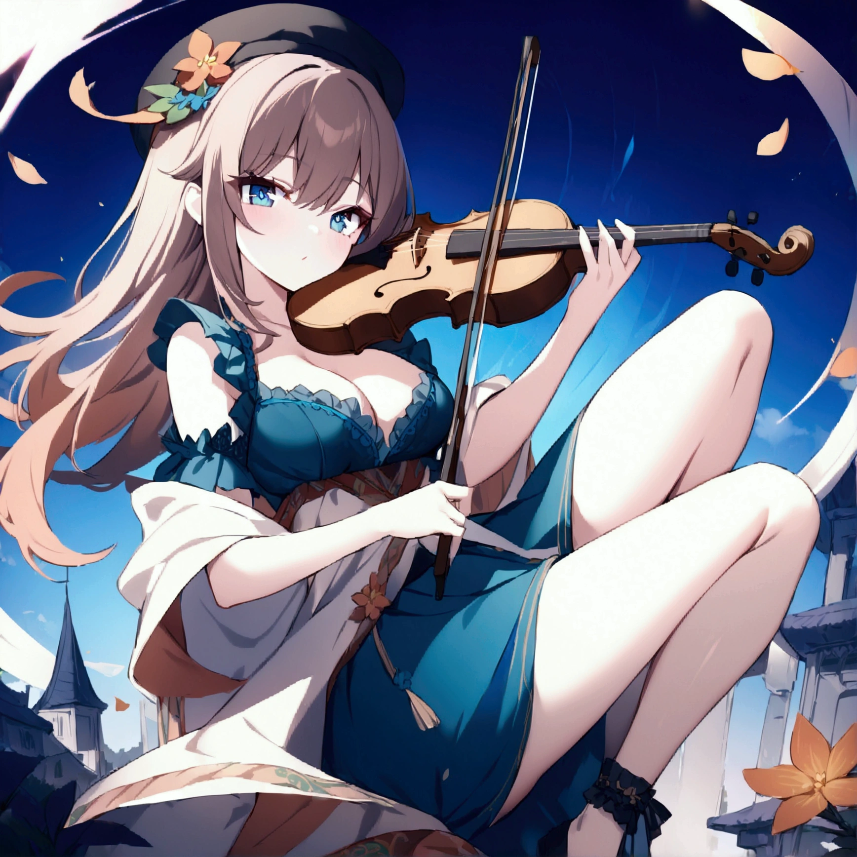 (1girl, Masterpiece, best quality) (detailed and beautiful eyes:1.6) (perfect hands, perfect anatomy) (full body) holding a violin, wearing a hat