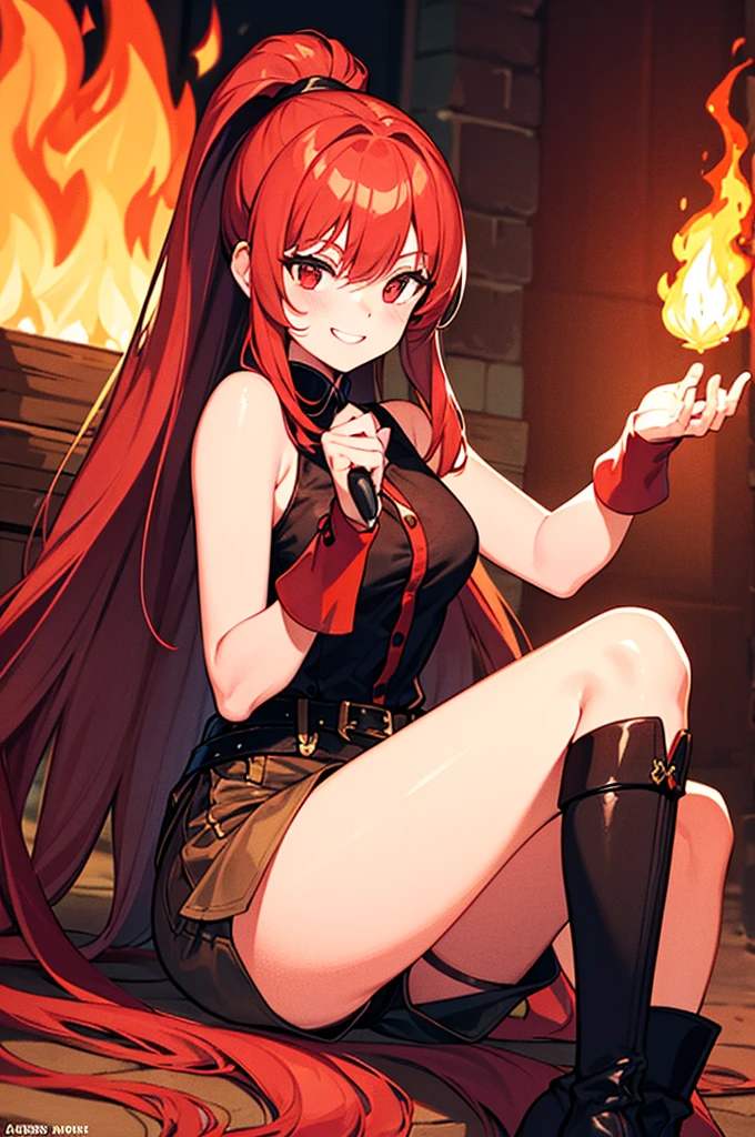 20 years old, long red hair, wears a ponytail, red eyes, always smiling. She dresses in an antique style, wearing a short brown skirt with black shorts underneath, ending above the knees. She wears knee-high brown boots. Her white blouse is sleeveless and features red details. She possesses fire powers and has a fire-themed background."