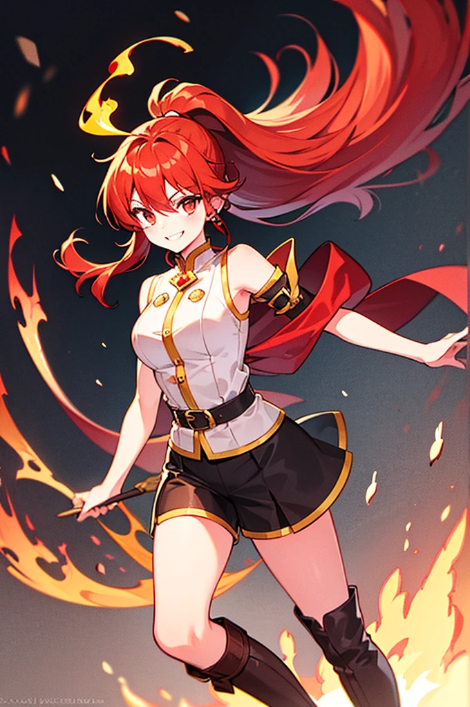 20 years old, long red hair, wears a ponytail, red eyes, always smiling. She dresses in an antique style, wearing a short brown skirt with black shorts underneath, ending above the knees. She wears knee-high brown boots. Her white blouse is sleeveless and features red details. She possesses fire powers and has a fire-themed background." 