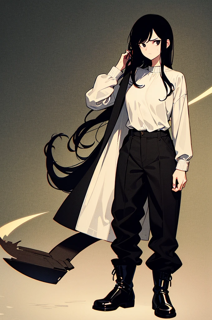 30-year-old woman, long black hair, serious, black eyes, wears old-fashioned clothing, black baggy pants, black boots, white blouse with long sleeves and exposed shoulders, powers of darkness, dark background. 
