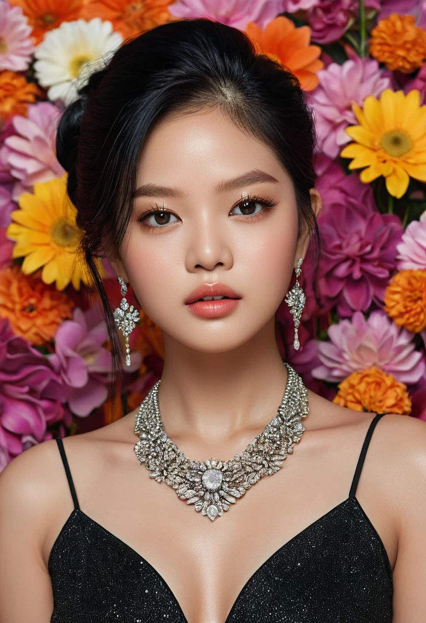 (best quality,4k,8k,highres,masterpiece:1.2),ultra-detailed,(realistic,photorealistic,photo-realistic:1.37),beautiful detailed eyes,beautiful detailed lips,extremely detailed eyes and face,longeyelashes,1girl,blackpink jennie,gorgeous appearance,magical beauty,blackpink logo on her outfit,fierce expression,illuminated by soft studio lighting,high-end fashion style,sleek black hair,smooth and flawless skin complexion,elegant posture,standing against a vibrant backdrop of colorful flowers,wearing a stylish black dress,exuding confidence and charisma,catching the viewer's attention with her enigmatic gaze,dynamic pose with her hand on her hip and head slightly tilted,sparkling accessories adding a touch of glamour,golden necklace and matching earrings,perfectly manicured nails,painting-like quality,creating a realistic and captivating portrayal,portrait style,emphasizing Jennie's captivating beauty,rich and vibrant colors,enhancing the overall visual impact,subtle color grading with warm tones,soft and diffused natural sunlight casting a gentle glow,creating a warm and inviting atmosphere.