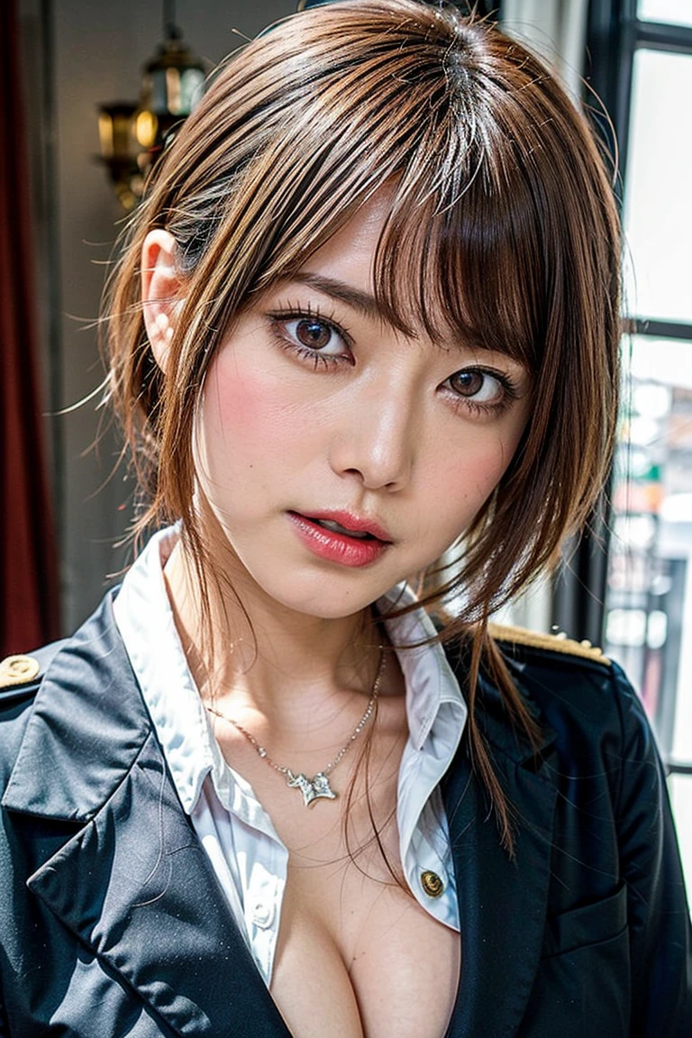Sharp focus, 8K, RAW Portrait (Japanese women), nude、Browsing Caution、Like the picture, Ultra-high resolution, Highest quality, Real Life Photos , dramatic, Atmospheric, At night :1.1),stewardess、Cabin attendant、, とても美しいJapanese women, Glamorous shot of a woman, Short Hair, Natural Skin,, (smile:0.5)、Slender body, (Shyness:1.8)、(Bust Shot)、(Chest close-up:1.8)、In the living room of the apartment、
Big, beautiful, detailed eyes, Black Hair, Beautiful and detailed nose,,
Silver Silk Dress, hair ornaments,(( Nipples sticking out from the uniform,,:1.4))、((Woman showing nipples :1.4 ))、((Disheveled uniform:1.3))、
Japanese style room background, (Tilt your head:0.3), ((Looking into the camera:1.4)),((Dark brown eyes:1.5))、Japan Airline Uniforms、scarf、necklace