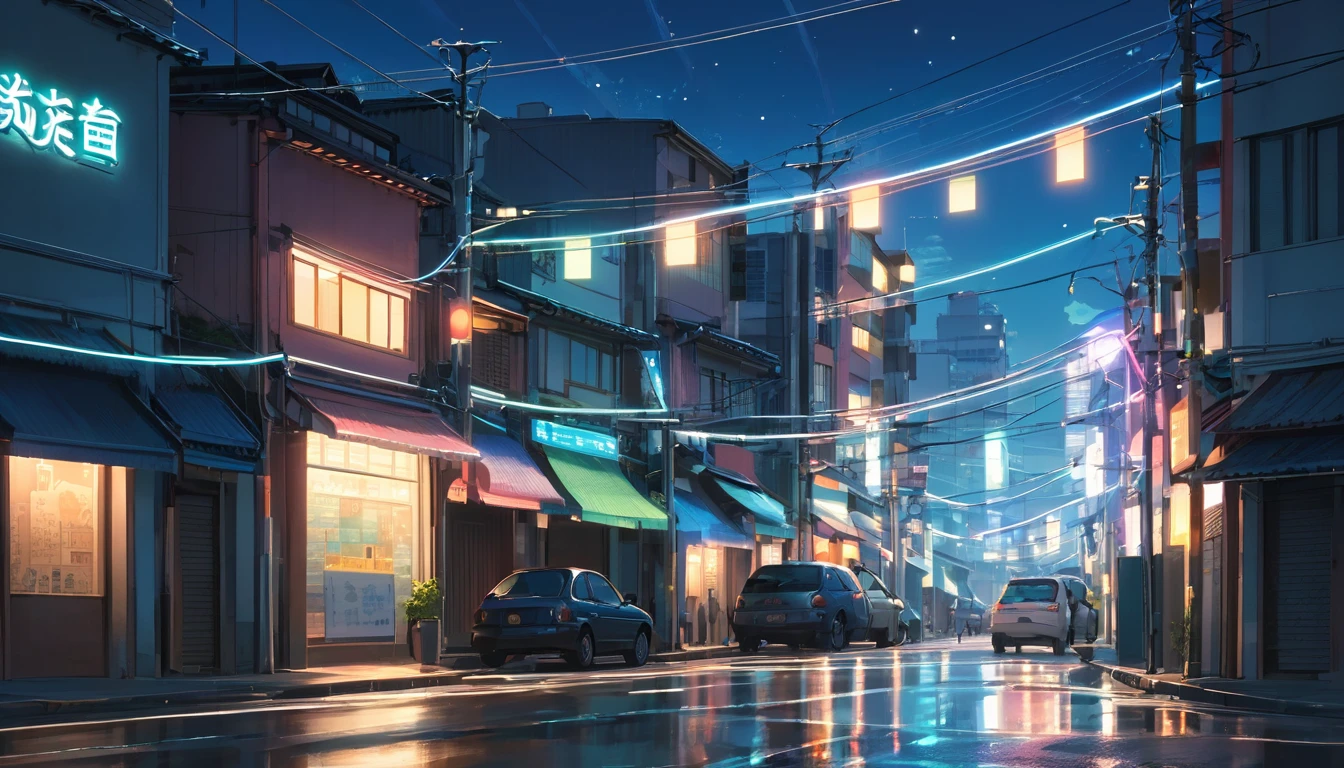 Um cenário urbano com luzes de néon, ruas tranquilas e um céu estrelado, noite, estilo anime ((makoto shinkai)), makoto shinkai	, background anime full hd, conceptual artwork, tumblr, magical realism, cute anime, anime full hd, anime movie backgrounds, cloudy sky