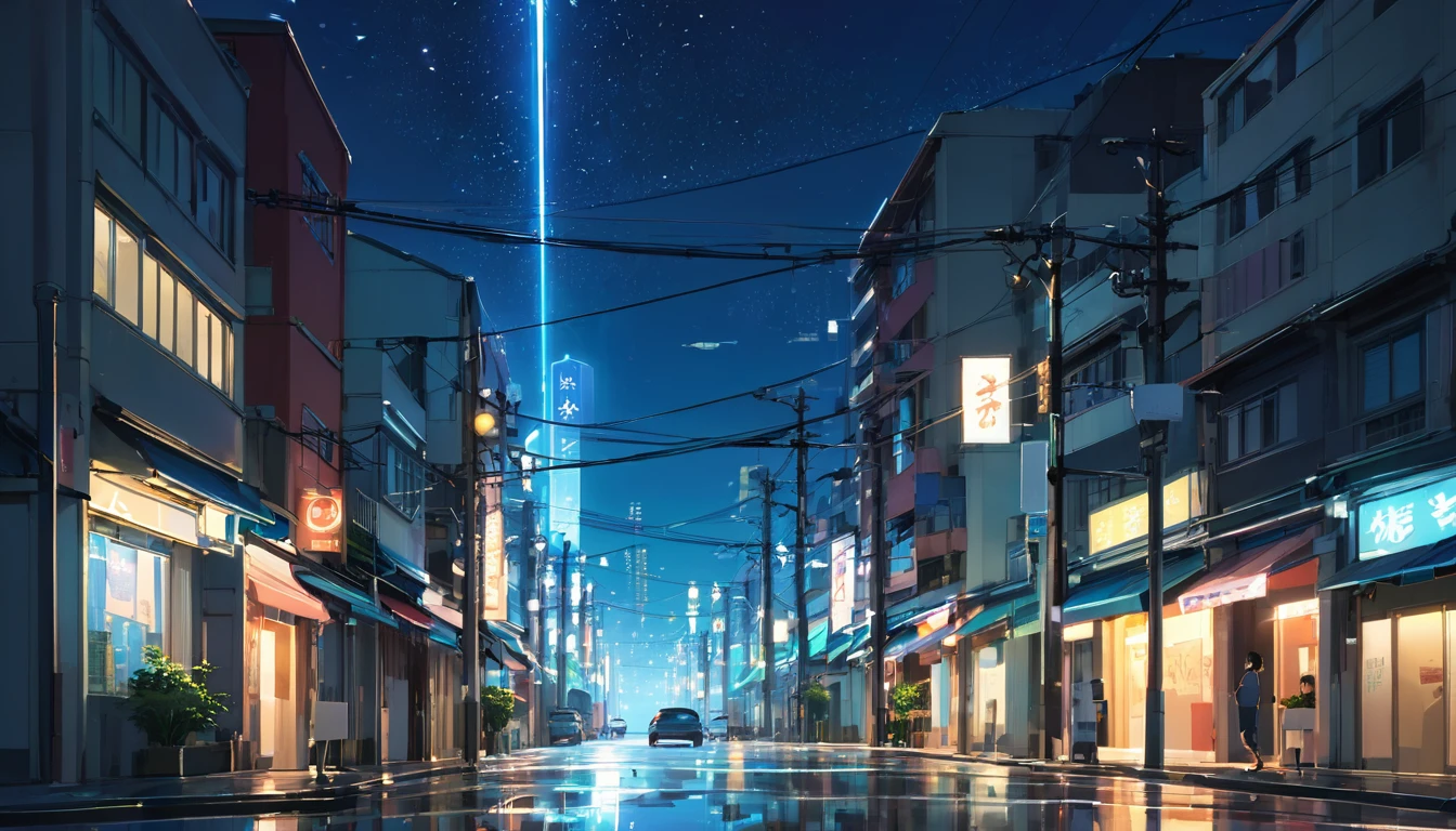 Um cenário urbano com luzes de néon, ruas tranquilas e um céu estrelado, noite, estilo anime ((makoto shinkai)), makoto shinkai	, background anime full hd, conceptual artwork, tumblr, magical realism, cute anime, anime full hd, anime movie backgrounds, cloudy sky